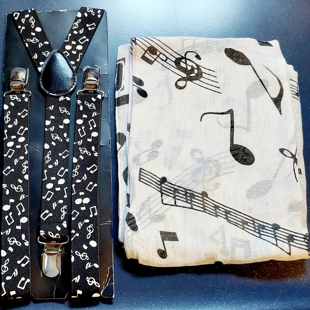 Musical Note Black and White Suspenders and Scarf Set